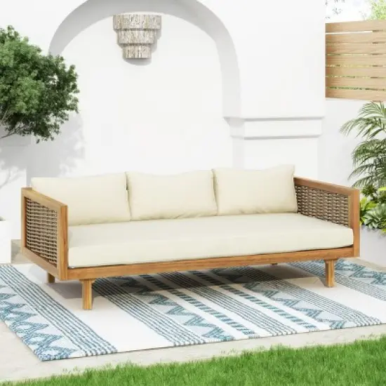 Outdoor 3 Seater Fabric Upholstered Sofa Bed,Acacia Wood Slat Panel Backrest Daybed,Rattan Armrests Patio Chaise Lounges-Coolbibila image {1}