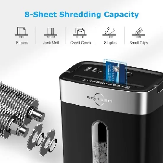 BONSEN 8-Sheet Crosscut Shredder for Home Office, P-4 high security, shreds credit cards, 4-gallon bin, ETL certified, compact for home use image {3}
