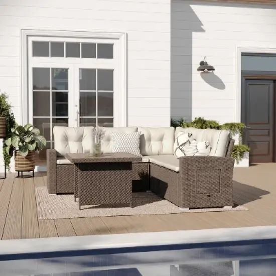 Merrick Lane Indoor/Outdoor L-Shaped Sofa/Dining Table Conversation Set with Wicker Rattan Construction and Weather-Resistant Cushions image {13}