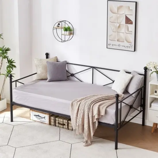 VECELO Metal Daybed with Headboard Heavy-duty Slats Support Sofa Bed Platform Mattress Foundation, Easy Assembly image {4}