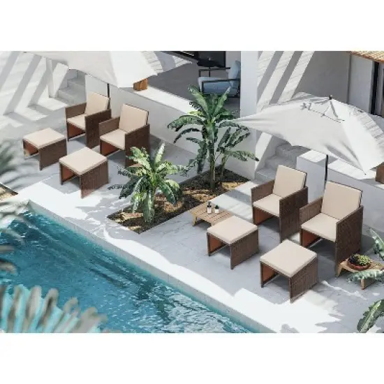 4pc Outdoor Wicker Rattan Set with Cushioned Chairs & Ottomans - Devoko
 image {2}