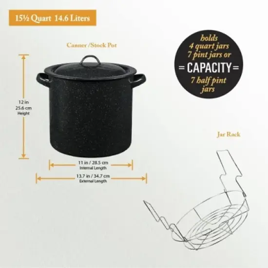 Granite Ware Water Bath Canner with Collapsible Jar Rack, 15.5 Quarts - Durable Enamel Steel Pot - Safe for Gas & Electric Stovetops (Speckled Black) image {2}