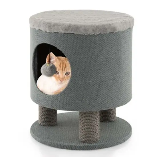 Costway 3-IN-1 Cat Condo Stool Kitty Bed with Scratching Posts & Plush Ball Toy Beige/Grey image {11}