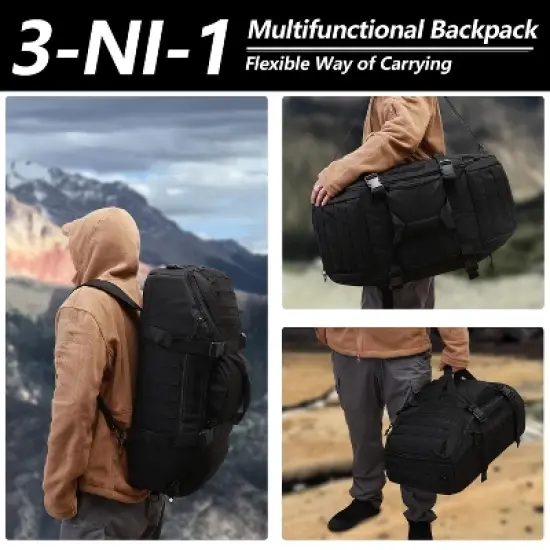 65L Large Duffle Bag, 3-in-1 Tactical Backpack MOLLE Pack for Sports, Gym, Outdoor, Black image {1}