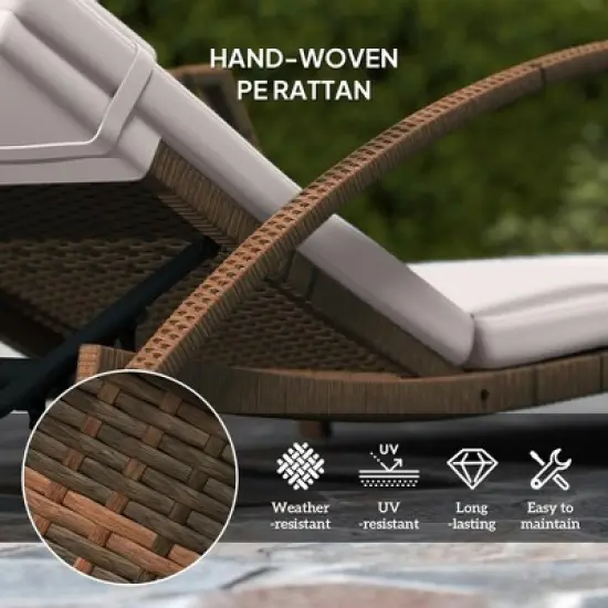 Resenkos Set of 2 Wicker Chaise Lounge Chairs With 5-Way Back Support， Adjustable Outdoor Patio Loungers With Wheels, Cushions & Armrests, Gray image {5}