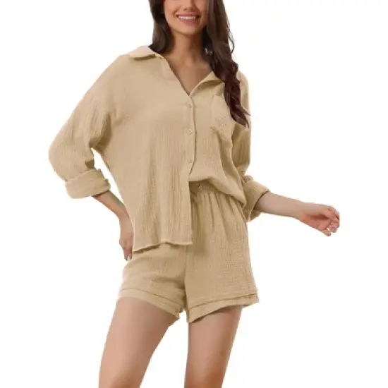 cheibear Women's Button Down Long Sleeve Sleepwear Shirt with Shorts Casual Lounge Sets image {9}
