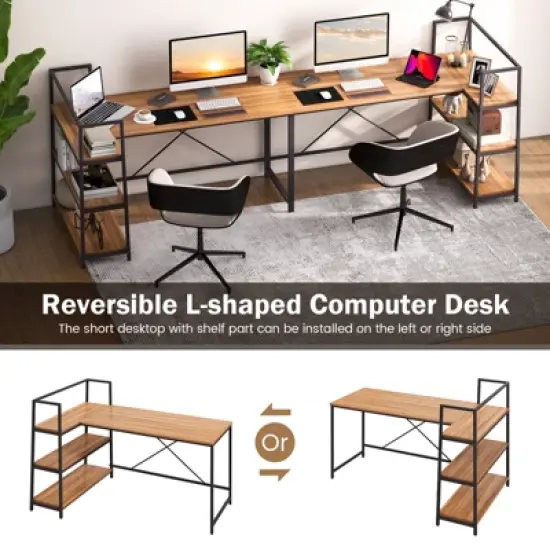 Tangkula 59" L-Shaped Computer Desk Large Reversible Corner Desk w/ Storage Shelves Space-Saving Writing Table PC Laptop Gaming Desk Black + Walnut image {7}