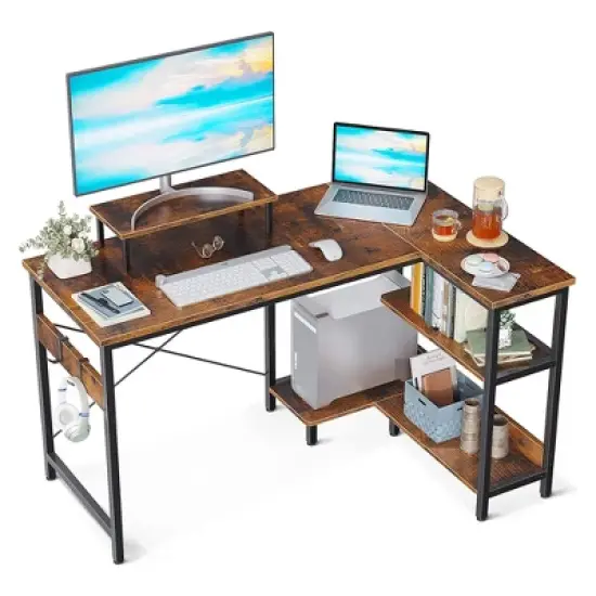 ODK 47 Inch Compact L Shaped Desk for Apartment, Living Room, Bedroom, or Office with Storage Shelves, Headphone Hook, and Monitor Stand image {7}