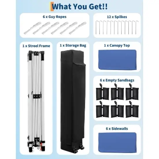 10x20 ft Heavy-Duty Pop-Up Outdoor Canopy with 6 Walls, 3 Heights. Includes Bag, Weights, Stakes & Ropes image {5}