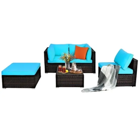Costway 5PCS Patio Rattan Sectional Conversation Set Ottoman Turquoise image {7}