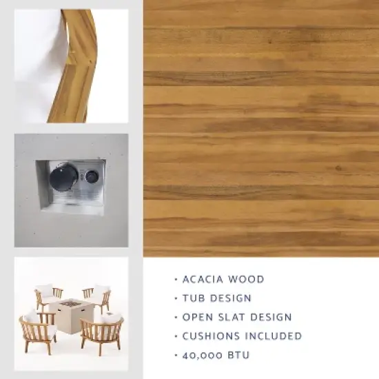 Christopher Knight Home Ridgeview Outdoor Acacia Wood 5 Piece Club Chair and Fire Pit Set with Cushions, Teak/White image {4}