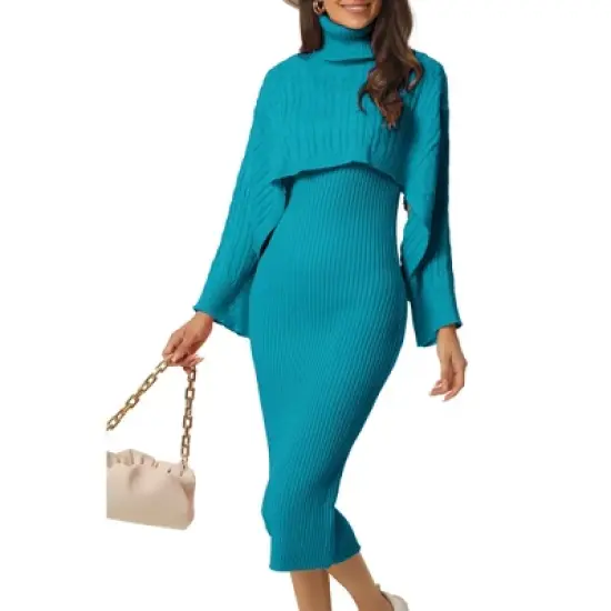 Seta T Women's Spring Fall 2 Piece Outfits Knitted Long Sleeve Turtleneck Sweaters with Tank Bodycon Midi Sweater Dress Set image {11}