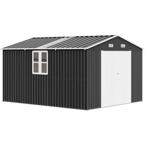 AMERLIFE 10x12x7 FT Steel Storage Shed with 2 4-Pane Windows, Hinged Double Doors, Dark Grey/White image {5}