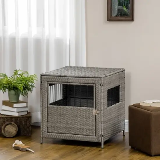 PawHut Rattan Dog Crate Dog Kennel Furniture with Lockable Door and Soft Washable Cushion for Small Sized Dogs, Gray image {1}