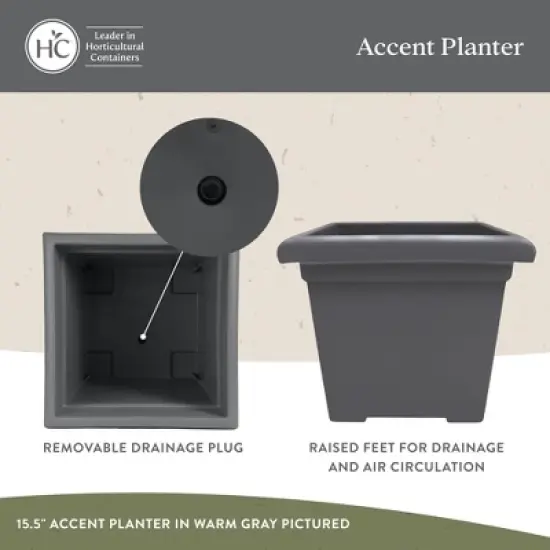 The HC Companies 15.5" Accent Square Plant Pot w/ Drainage, Classic Planters for Indoor & Outdoors Plants, Lightweight & Resists Sun Fading, Chocolate image {3}