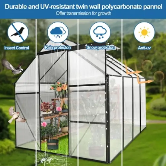 6x8 FT Polycarbonate Greenhouse, Aluminum Walk-in Greenhouses with Sliding Door & Raised Base, Plant Greenhouse for Outdoor Garden Backyard image {6}