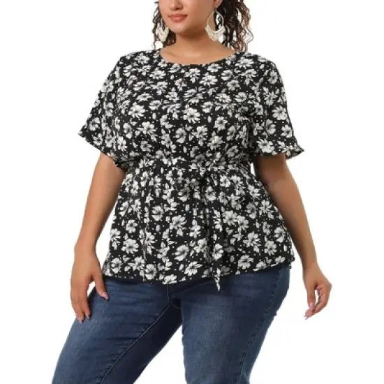 Agnes Orinda Women's Plus Size Ruffle Short Sleeve Chiffon Floral Blouse image {6}