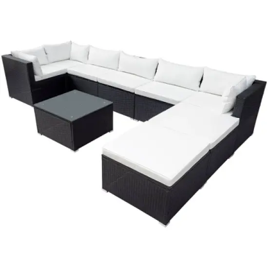 9pc Wicker Patio Seating Set with Cushions - Black/Beige - GODEER image {7}