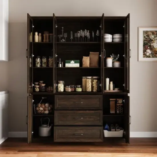 Famapy Glass-Door Kitchen Pantry Cabinet,Kitchen Organizer with 3 Drawers & 13 Shelves,Kitchen Storage Hutch for Organizing Dry Goods,Kitchenware image {1}