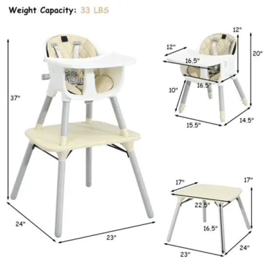Infans 5-in-1 High Chair, Convertible Highchair for Babies and Toddlers/Kids Chair Table Set/Infant Feeding Chair w/Safety Harness, Beige image {6}