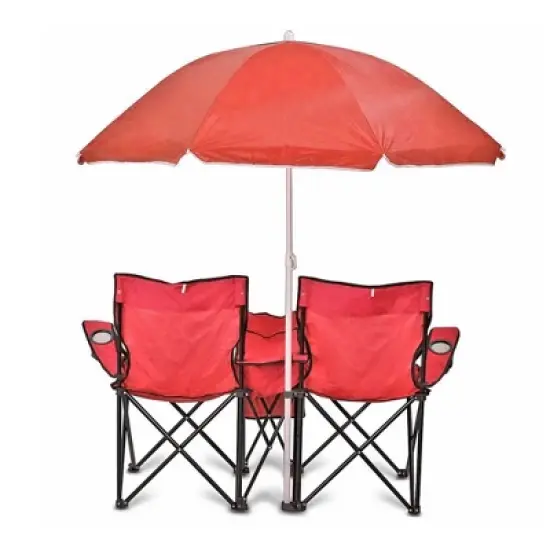 GoTeam Double Folding Camping Chair Set with Shade Umbrella, Cooler, and Carrying Bag for Camping, Beach Lounging, Tailgating, and More, Red image {1}