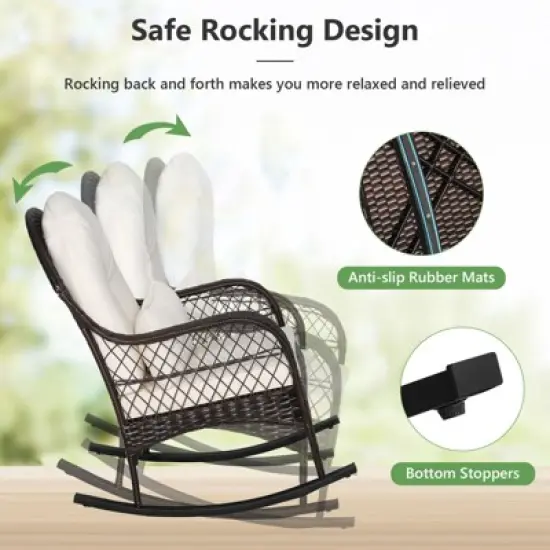 Tangkula Patio Wicker Rocking Chair w/ White Seat Cushions & Lumbar Pillow Porch image {1}
