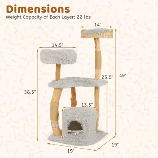Tangkula 49" Tall Wooden Cat Tree Solid Wood Cat Tower w/ Jute Scratching Posts image {8}