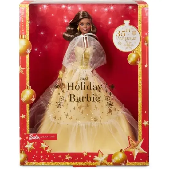 Barbie 13" Signature 2023 Holiday Collector Doll with Golden Gown and Dark Brown Hair image {4}
