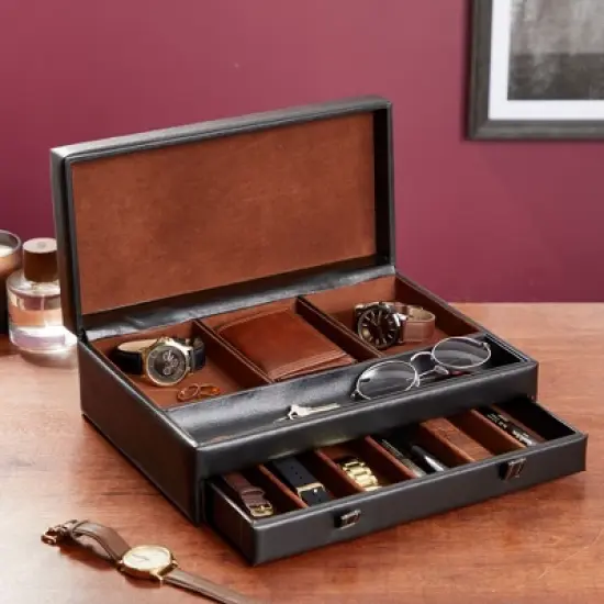 Juvale Faux Leather Dresser, Organizer & Valet Tray for Watches and Jewelry, Black, 12.6 x 9 x 4 in image {1}