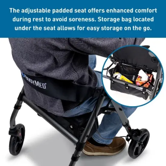 BodyMed Rollator with 8 in. Wheels - Adjustable Padded Seat, Dual Brake System, Compact Folding Design, Suitable for Most Terrains - Mobility Aid for image {6}