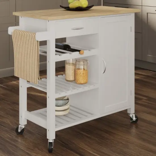 Kitchen Island with Towel Rack and Shelves for Storage &ndash; Rolling Cart to Use as Coffee Bar, Microwave Stand, or Kitchen Storage by Lavish Home (White) image {1}