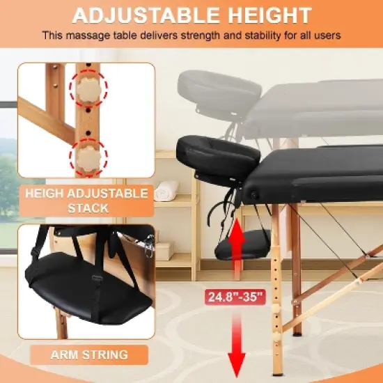 FDW Massage Table Massage Bed Heigh Adjustable 3 Fold 82" Massage Table W/Sheet Cradle Cover 2 Bolster Hanger Portable Facial Salon Tattoo Bed,Black image {4}