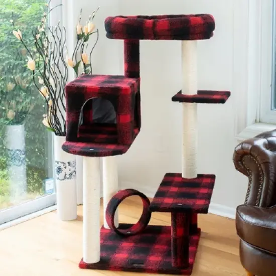Armarkat B5008 50-Inch Classic Real Wood Cat Tree With Veranda, Bench, Mini perch, and Spacious Lounger In Scotch Plaid image {3}