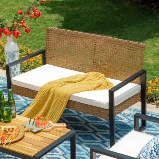 Captiva Designs 4pc Conversation Set: Rattan Loveseat, Coffee Table, Weather-Resistant image {2}