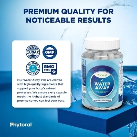 Water Away Capsules, Premium Water Loss Pills Diuretic Pure Dietary Supplement, Phytoral, 60 or 90ct image {2}