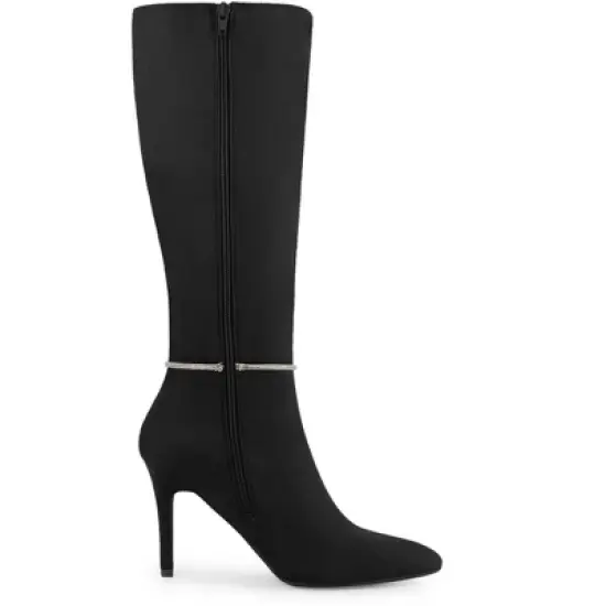 Allegra K Women's Rhinestone Crystal Chain Pointed Toe Stiletto Heels Knee High Boots image {5}