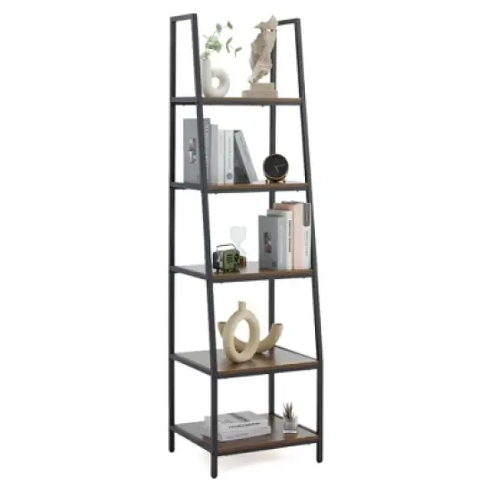JOMEED CC80 Industrial Freestanding Durable 72 Inch 5 Tier Open Shelf Ladder Bookcase with Rubber Feet and Wall Bracket, Gray and Brown image {3}