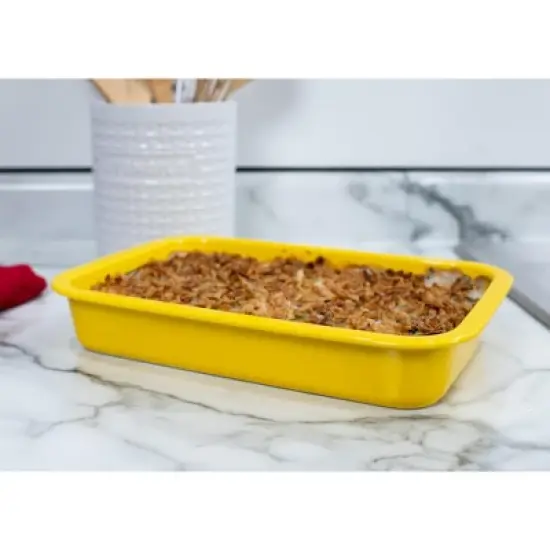 Elanze Designs Large 9x13 inch Stoneware Porcelain Baking Dish With Stainless Steel Rack,Yellow image {4}