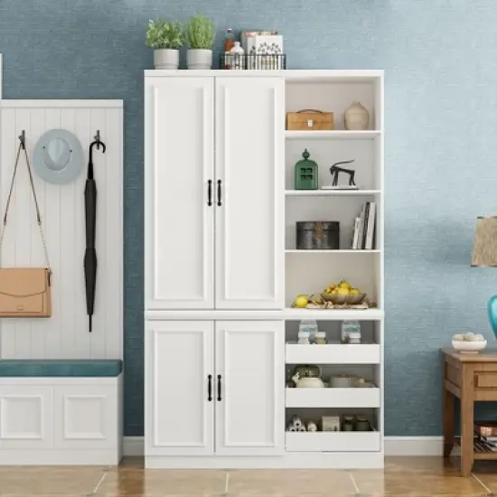 Famapy White Kitchen Cabinet Storage Cabinet: Adjustable Shelves, Mixed Storage, Space - Saving Design Pantry image {11}