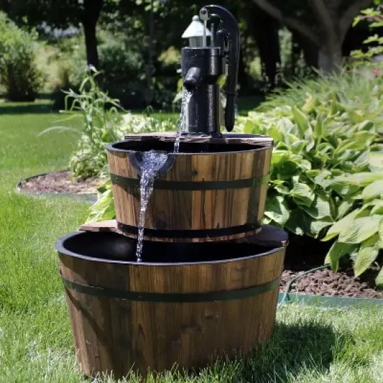 Sunnydaze 34"H Electric Fir Wood 2-Tier Farmhouse Barrel with Metal Decorative Hand Pump Outdoor Water Fountain image {1}
