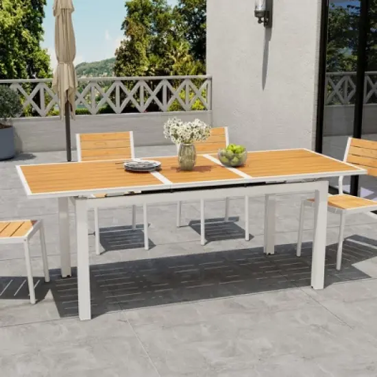 Crestlive Products Outdoor Dining Table, 63"-83" Patio Extendable Dining Table with Wooden-Like Top and White Aluminum Frame image {9}