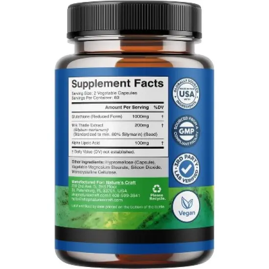 Glutathione Capsules, Natural Skin Whitening Anti-Aging Benefits Reduced L-Glutathione Pills for Men & Women, Pure Antioxidant, Nature's Craft image {1}