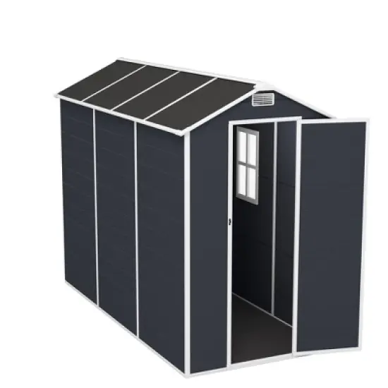 4*8ft resin storage shed, high quality pp material, strong structure, waterproof, rust and UV proof, large storage space,HD window lighting Dark gray image {11}