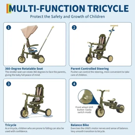 Jojoka 7-in-1 Foldable Baby Tricycle Adjustable Parent Handle Toddler Trike w/ Safety Harness Wheel Brakes & Removable Canopy Green Blue Olive Green image {2}