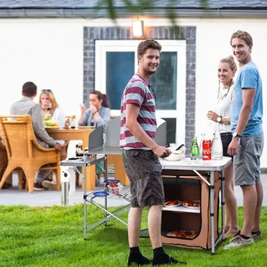 Costway Foldable Camping Table Outdoor BBQ Portable Grilling Stand w/Windscreen Bag image {4}