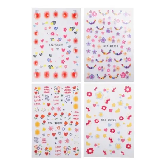 Unique Bargains Self-Adhesive Heart Floral Pattern Nail Art Stickers Pink Yellow 4 Pcs image {5}
