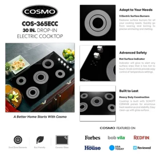 Cosmo COS-365ECC 36 in. Electric Ceramic Glass Cooktop with 5 Burners, Dual Zone Elements, Hot Surface Indicator Light and Control Knobs image {2}