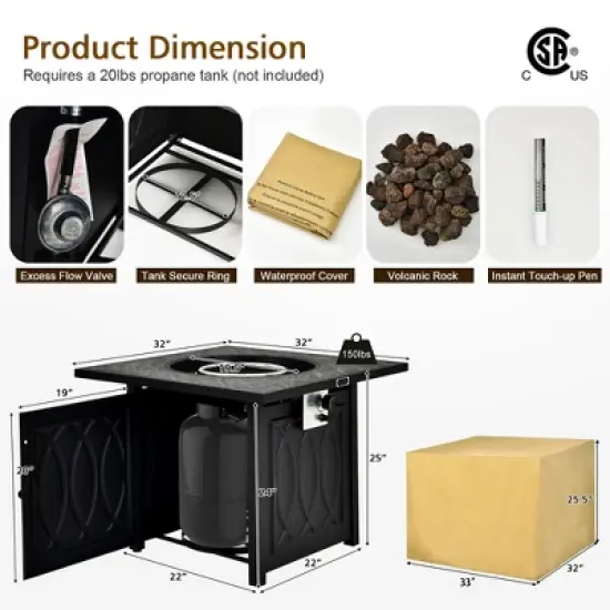 Costway 32'' Propane Fire Pit Table Square Tabletop w/Lava Rocks Cover 50,000 BTU image {3}