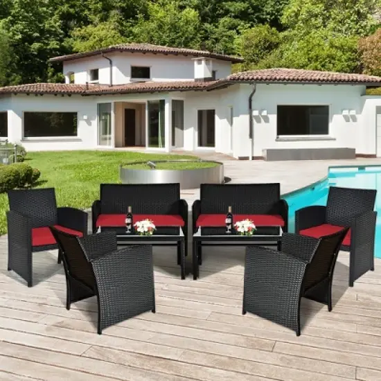 Costway 8PCS Patio Rattan Furniture Conversation Set Cushion Sofa Table Garden Turquoise\Navy\Black\Red image {12}