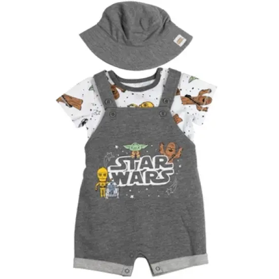 Star Wars Chewbacca R2-D2 Yoda Baby French Terry Short Overalls T-Shirt and Hat 3 Piece Outfit Set Newborn to Infant image {2}